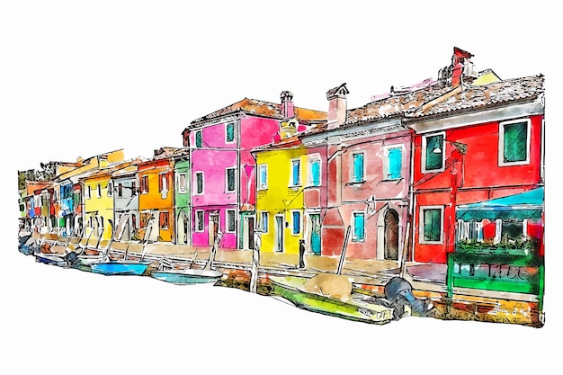 Burano Venetien Italien Aquarell handgezeichnete Illustration isoliert auf weißem Hintergrund