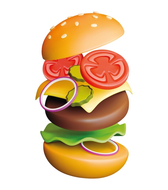 Burger 3D-Rendering-Vektorillustration realistisches Hamburger-Symbol Fliegen-Zutaten