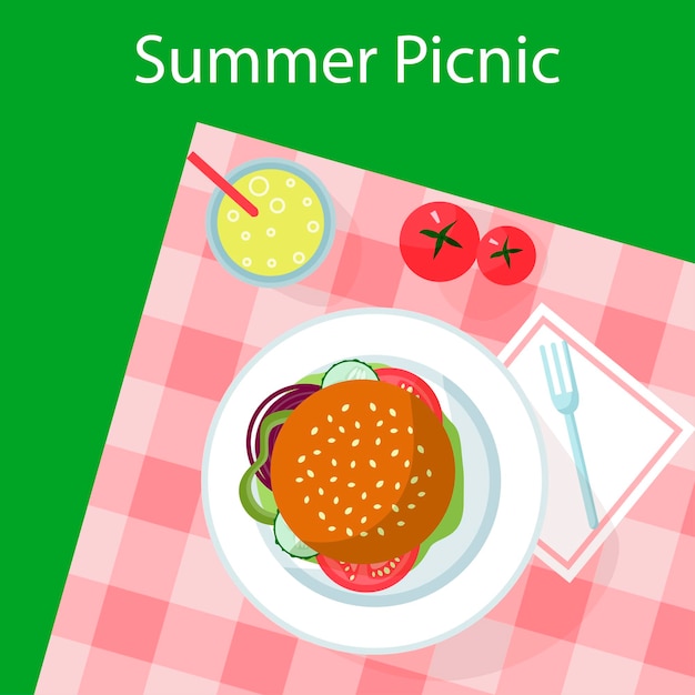 Burger auf einem Teller auf einer Tischdecke auf dem Rasen und Limonade Picknick im Park Picknick im Freien Sommerpicknick auf dem Rasen