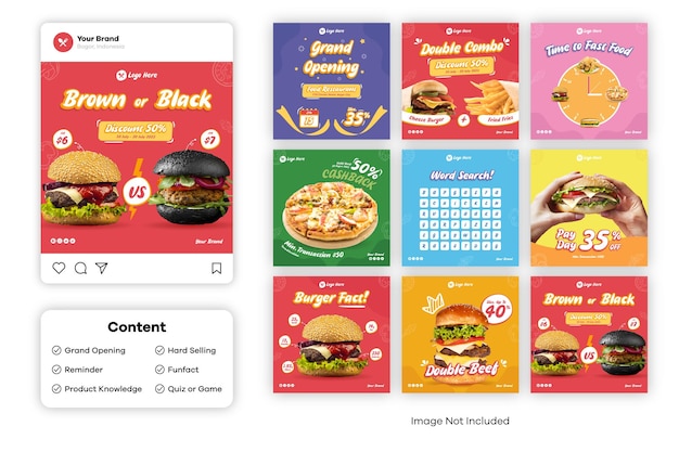 Vektor burger-fast-food-social-media-post-vorlagen-bundle-set