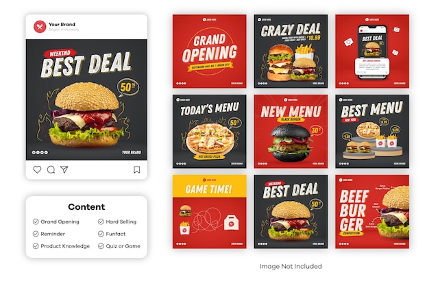 Vektor burger-fast-food-social-media-post-vorlagen-bundle-set