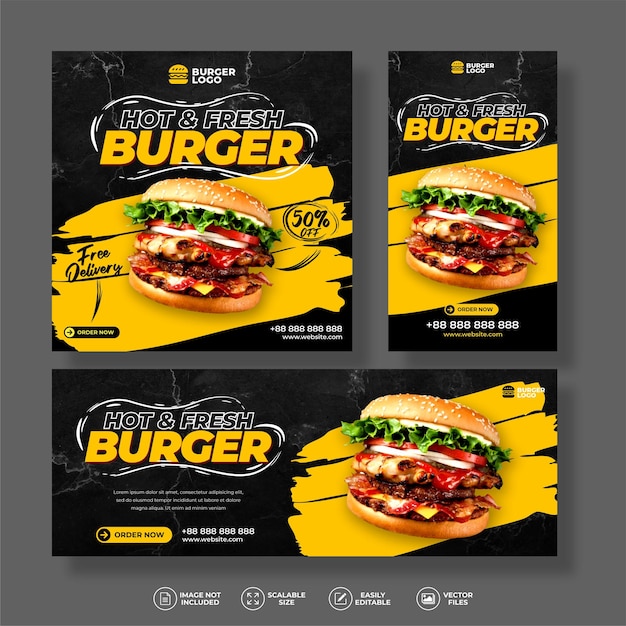 Burger food menü und köstliches best restaurant banner bundle set für social media post und story template vector template