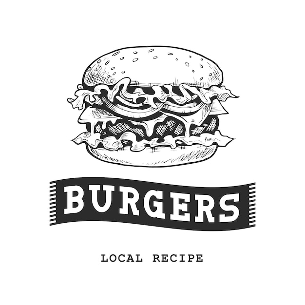 Burger-retro-emblem. logo-vorlage. schwarz-weiß-burger-skizze. eps10-vektor-illustration.