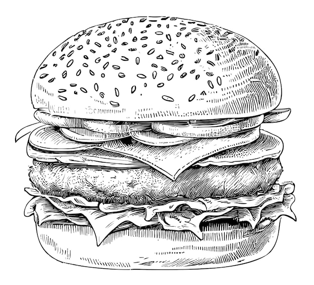 Burger sandwich handgezeichnete skizze essen restaurant geschäftskonzept. vektor-illustration