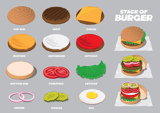 Burger-schichtenstapel mit toppings aus mehreren zutaten