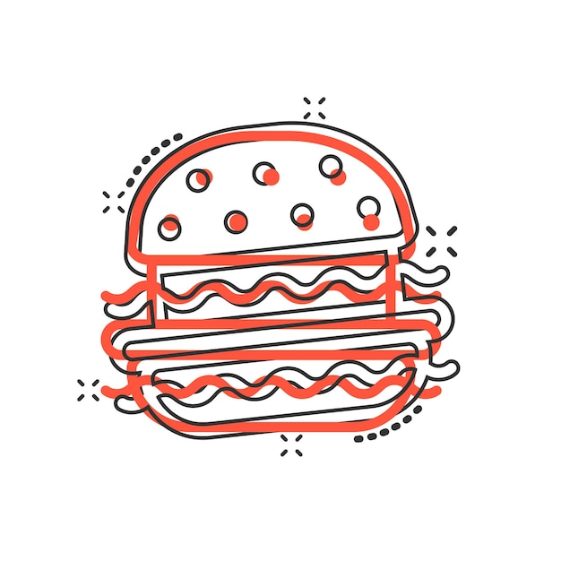 Burger-schild-symbol im comic-stil hamburger-vektor-cartoon-illustration auf weißem, isoliertem hintergrund splash-effekt für das geschäftskonzept des cheeseburgers