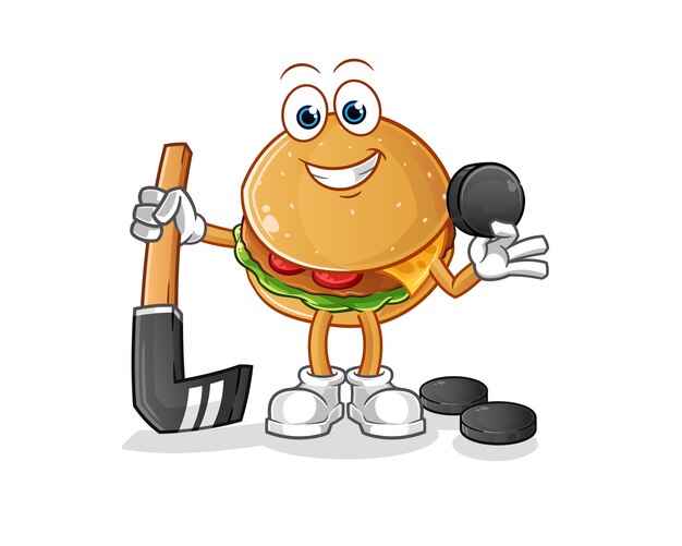 Vektor burger spielt hockey. zeichentrickfigur