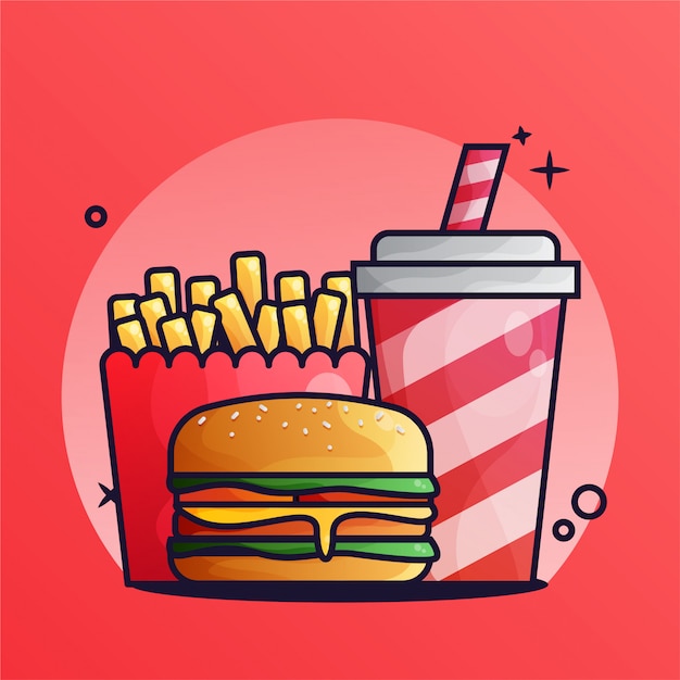 Burger und getränk mit pommes-frites-steigungs-illustration