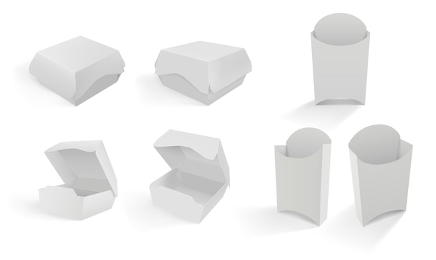 Burger und pommes frites weiße box im realistischen 3d-stil isoliert. mock-up-paket-vektor-illustration. weiße leere kartons für fast food.