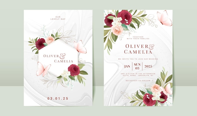 Vektor burgunder-aquarell-rosen-hochzeitseinladungskarten-schablonensatz