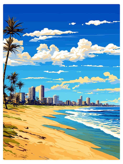 Burleigh beach australien vintage reiseposter souvenir postkarten porträtmalerei wpa illustration