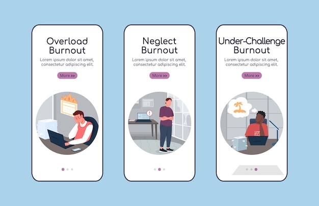 Burnout-Typen beim Onboarding der mobilen App-Bildschirm-Flat-Vektor-Vorlage