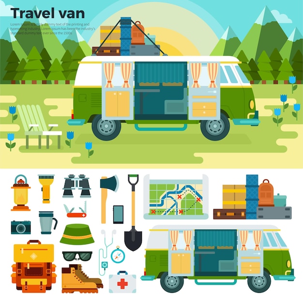 Bus mit verschiedenen ausrüstungsständen in der nähe der berge touristenwerkzeuge thermoskanne kofferschaufel