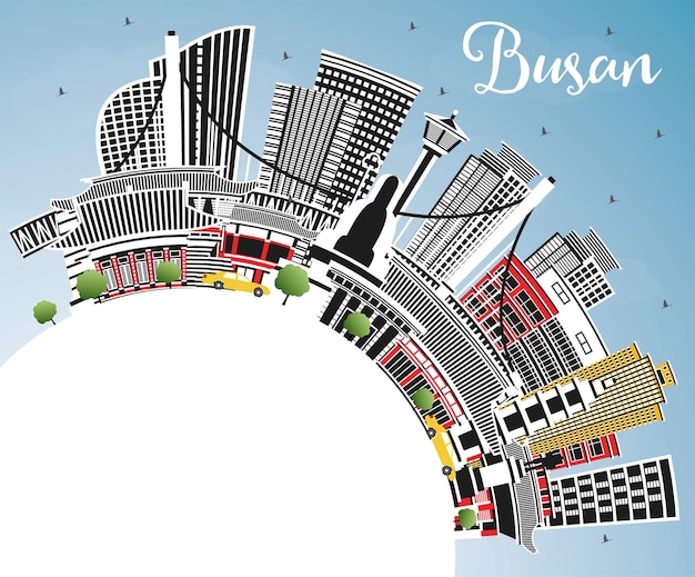 Busan südkorea city skyline mit farbigen gebäuden blauer himmel und kopierraum vektor illustration