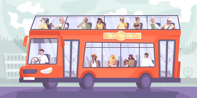 Busausflug flache Komposition mit Stadtbild-Silhouette-Szene und Doppeldecker-Sightseeing-Bus mit Gruppe von Touristen Illustration