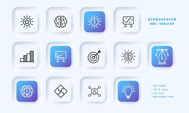 Business Analytics Set Icon Star Award Gehirn Investition Geld Handel Austausch Statistik Strategie auf Kreativität Glühbirne Puzzles Arbeitskonzept Neomorphismus Stil Vektorliniensymbol
