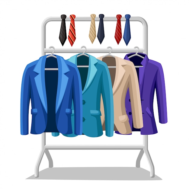 Business anzug herren jacke vier jacken von verschiedenen farben und arten blau grün violett beige krawatten von verschiedenen farben auf einem kleiderbügel illustration auf weißem hintergrund