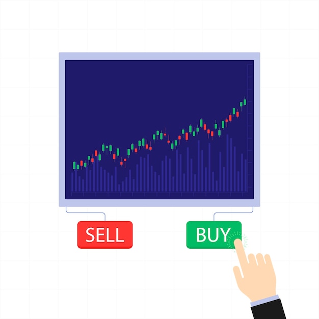Business-candlestick-chart mit kauf- und verkaufsschaltflächen. vektorkonzept für börse und handel. illustration des geschäftshändlers, finanzbörse.