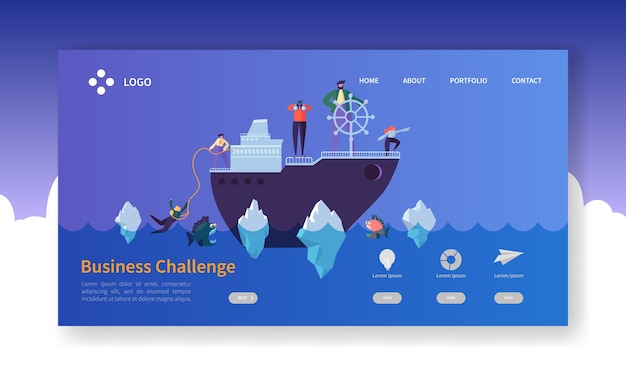 Business challenge landing page. banner mit personenzeichen auf dem schiff in gefährlichem wasser website-vorlage.