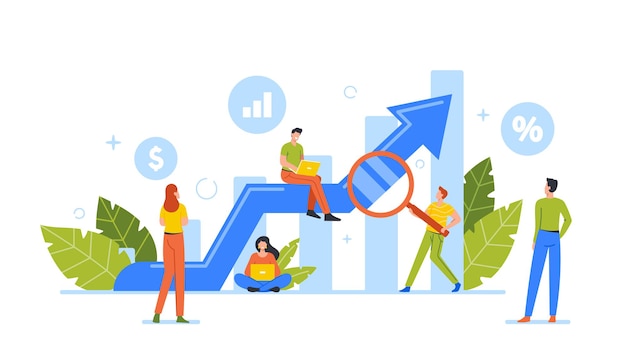 Business-Charaktere stehen um riesige wachsende Analytics-Pfeil-Diagramm. Analyse großer Finanzdaten und Wachstumsdiagramme