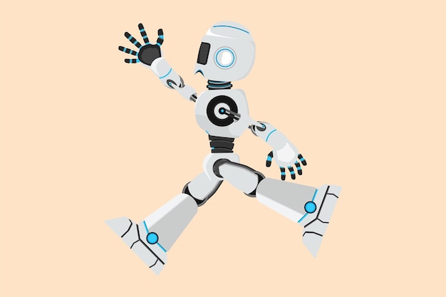 Business Flat Drawing Happy Roboter springt mit spreizt beide Beine und hebt eine Hand Humanoider kybernetischer Organismus Zukünftige Roboterentwicklung Feiern Sie die Leistung Cartoon Design Vector Illustration