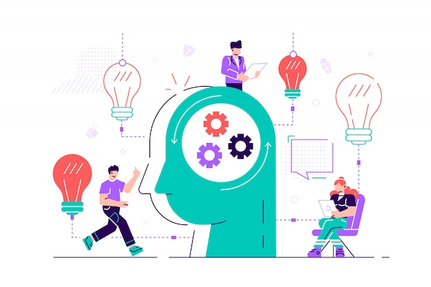 Business Graphics beschäftigt sich das Unternehmen mit der gemeinsamen Suche nach Ideen, dem Kopf einer abstrakten Person, gefüllt mit Ideen des Denkens und der Analytik, wobei Altes durch Neues ersetzt wird. Kreative Illustration des flachen Stils