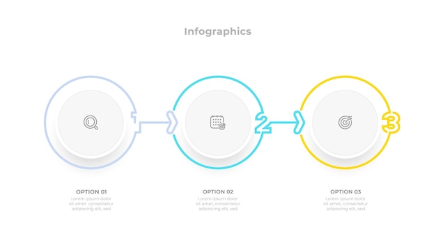 Vektor business-info-grafik mit dünnen linienelementen mit pfeil und 3 optionen oder schritten. vektor-illustration.