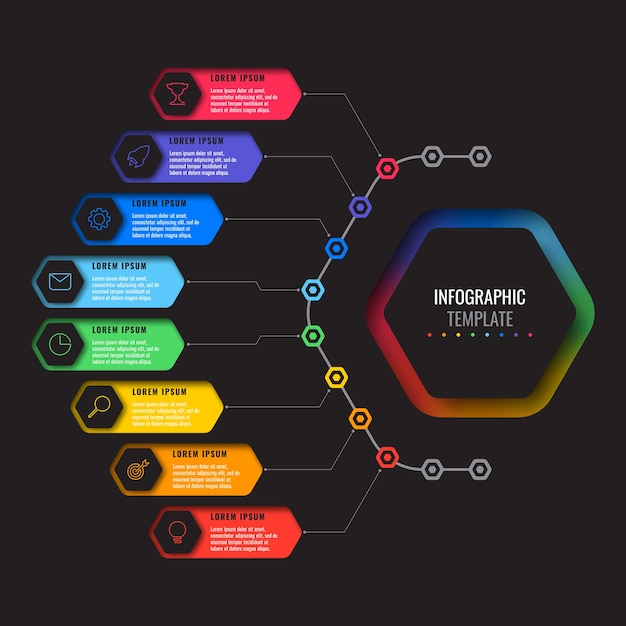 Business-infografik-vorlage mit acht realistischen sechseckigen elementen mit dünnen linienikonen auf schwarzem hintergrund. modernes diagramm mit geometrischen löchern in papier. visualisierung für präsentationen