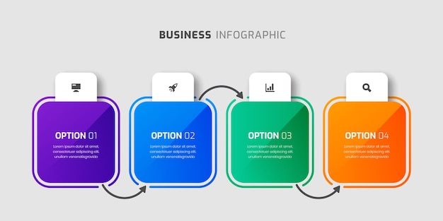 Business-infografik-vorlage mit quadratischen beschriftungspfeilen, 4 optionen und symbol für die präsentation