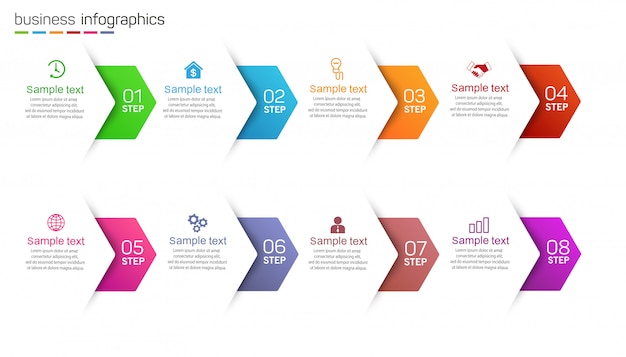 Business infografik-vorlage mit symbolen und 8 optionen oder schritten