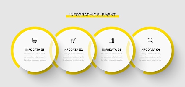 Business-infografik-vorlage präsentationskreisetikett mit gelber farbe 4 optionen und symbolen