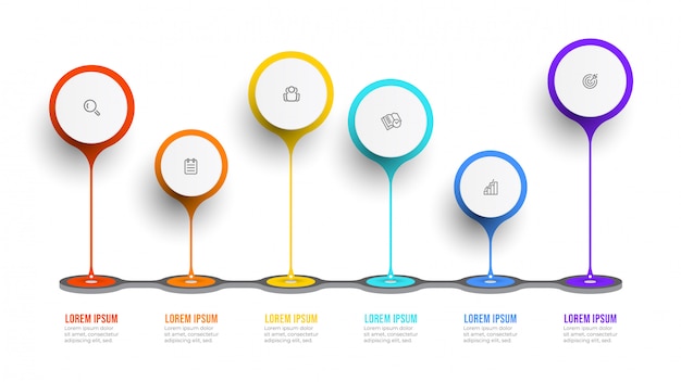Business-infografik-vorlage. zeitleiste mit symbolen und 6 optionen oder schritten.