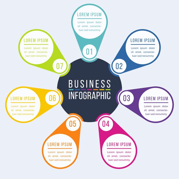 Business Infographic Design 7 Schritte Objekte Elemente oder Optionen Infographik Kreis Design Vorlage