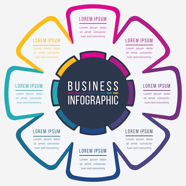 Business Infographic Design 8 Schritte Objekte Elemente oder Optionen Geschäftsinformationsvorlage