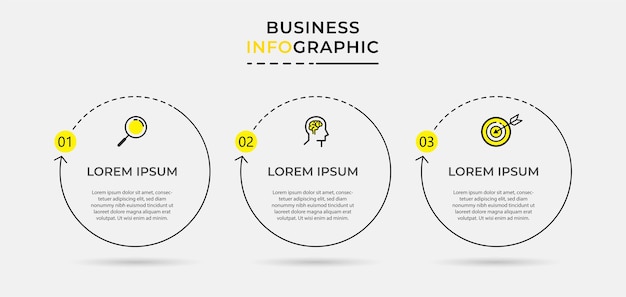 Business infographic designvorlage mit symbolen und 3 drei optionen oder schritten.