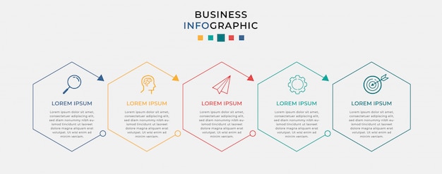 Business infographic designvorlage mit symbolen und 5 fünf optionen oder schritten.