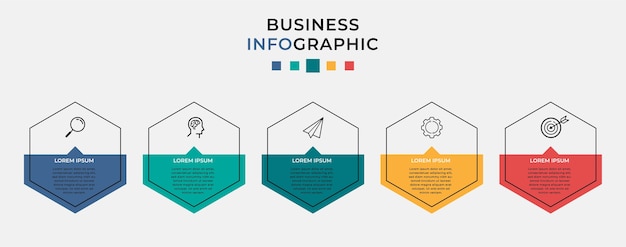 Business infographic designvorlage mit symbolen und 5 fünf optionen oder schritten.