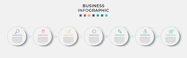 Business infographic designvorlage und 7 sieben optionen oder schritte.