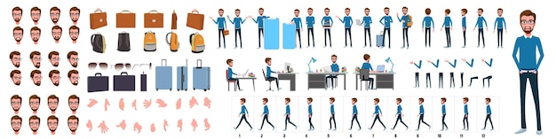 Vektor business man character design model sheet vorderseite rückansicht und seitliche walkcycle-animation