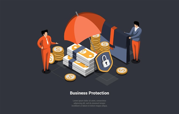 Business protection shield schutz vor bedrohungen sicherheitsangriff risikoversicherung oder sicherheitswache zum schutz vor bedrohlichen starken geschäftsleuten unter regenschirm isometrische 3d-vektorillustration