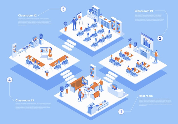 Business-schulungskonzept isometrische 3d-webszene mit infografik menschen, die in klassenzimmern arbeiten, treffen sich beim treffen mit zuhörendem lehrer im konferenzraum vektorillustration in isometrie-grafikdesign