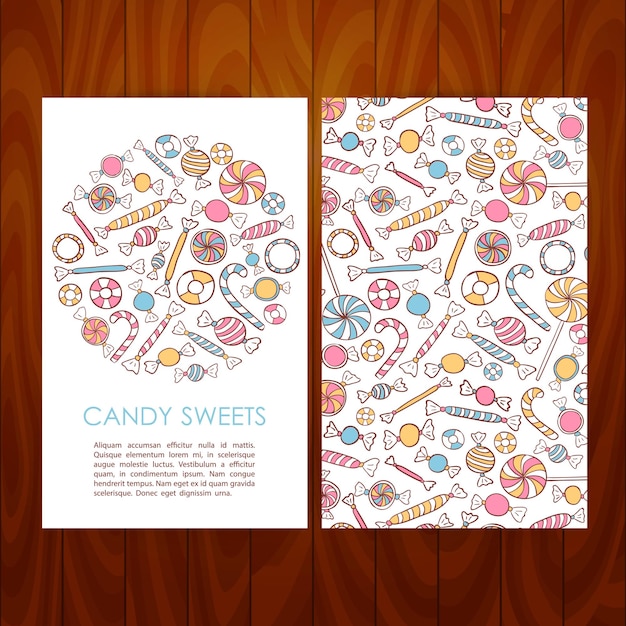 Business-set-vorlage mit handgezeichneten süßigkeiten. vektor-illustration der markenidentität für dessert-restaurant- und café-werbung über holzstruktur