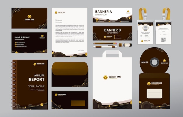 Business stationary kit mit dunkelbrauner goldfarbkombination.