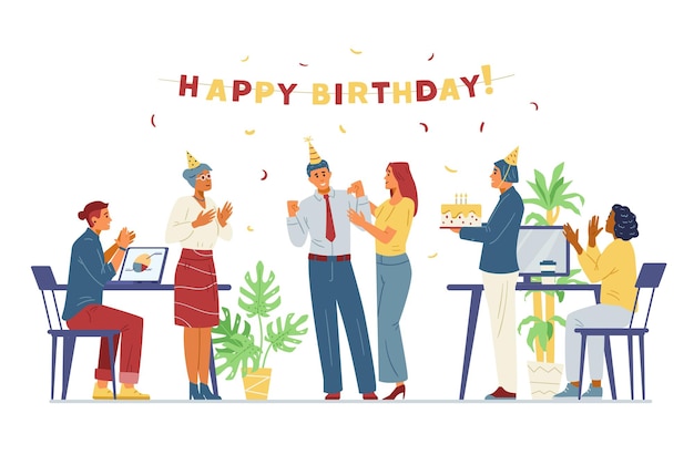 Business-Team feiert Geburtstag des Kollegen im Büro