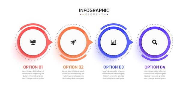 Business-timeline-infografik-präsentation mit gepunkteter linie, kreisetikett, pfeil 4, option und symbol