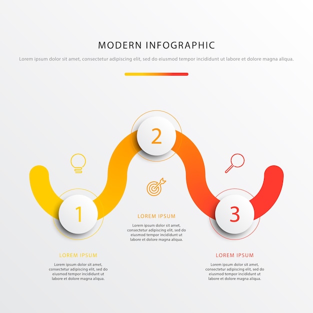 Business-timeline-workflow-infografiken mit drei runden realistischen elementen und verlaufspfad
