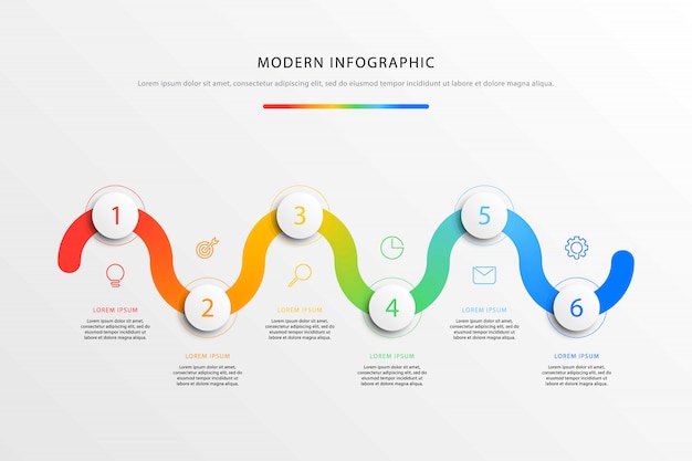 Business-Timeline-Workflow-Infografiken mit sechs realistischen runden 3D-Elementen.