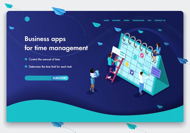 Business-website-vorlage. isometrisches konzept der arbeit von menschen an geschäftsanwendungen für das zeitmanagement. einfach zu bearbeiten und anzupassen