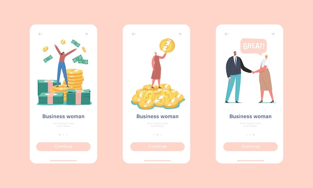 Business woman mobile app-seite onboard-bildschirmvorlage. erfolgreiche kleine weibliche figur freut sich über riesigen geldstapel und münzhaufen, handshake mit partnerkonzept. cartoon-menschen-vektor-illustration