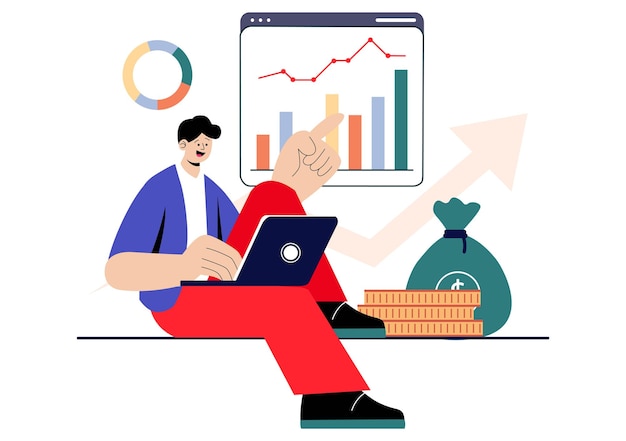 Businessman Investor Illustration mit Investmentfonds Vermögenswerte Wirtschaftswachstum Finanzielle Gewinne und erhöhte Gewinne in einem Hintergrund